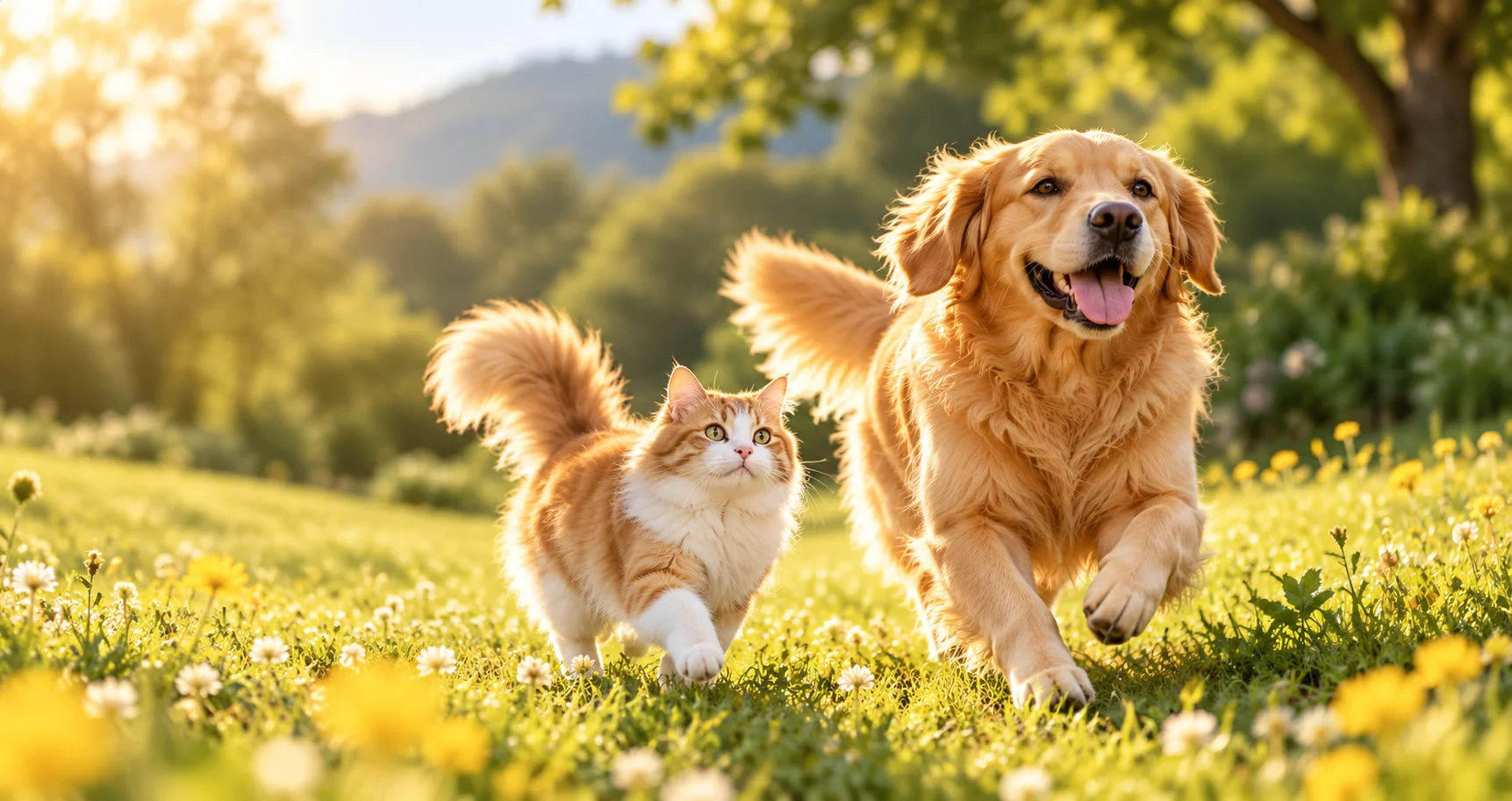 狗狗和猫咪在草地上自由奔跑